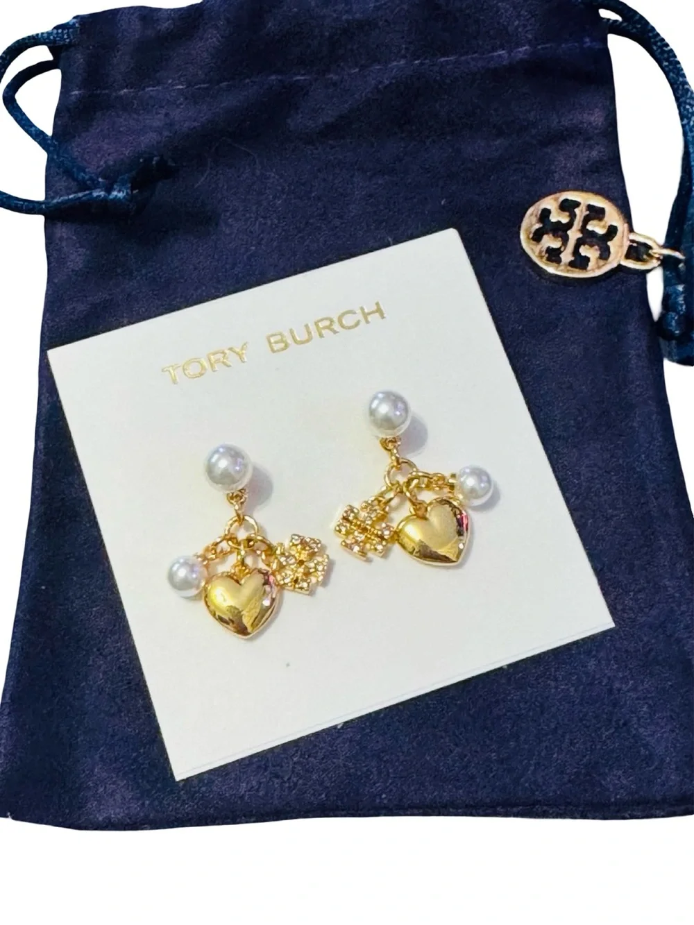 Tory Burch Gold Heart Drop Earrings with Pearl Accents NWT & Dustbag!